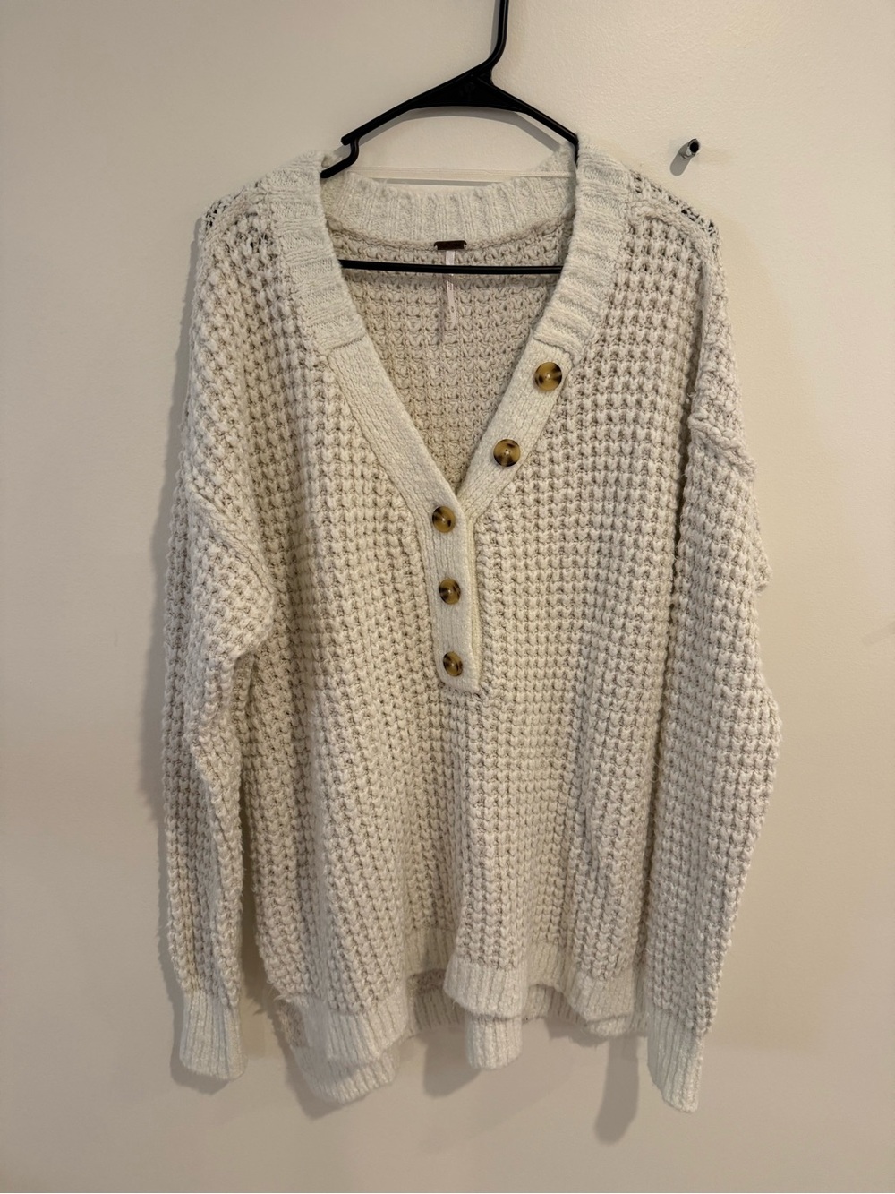 Free People Cream Waffle-Knit V-Neck Sweater with Button Placket